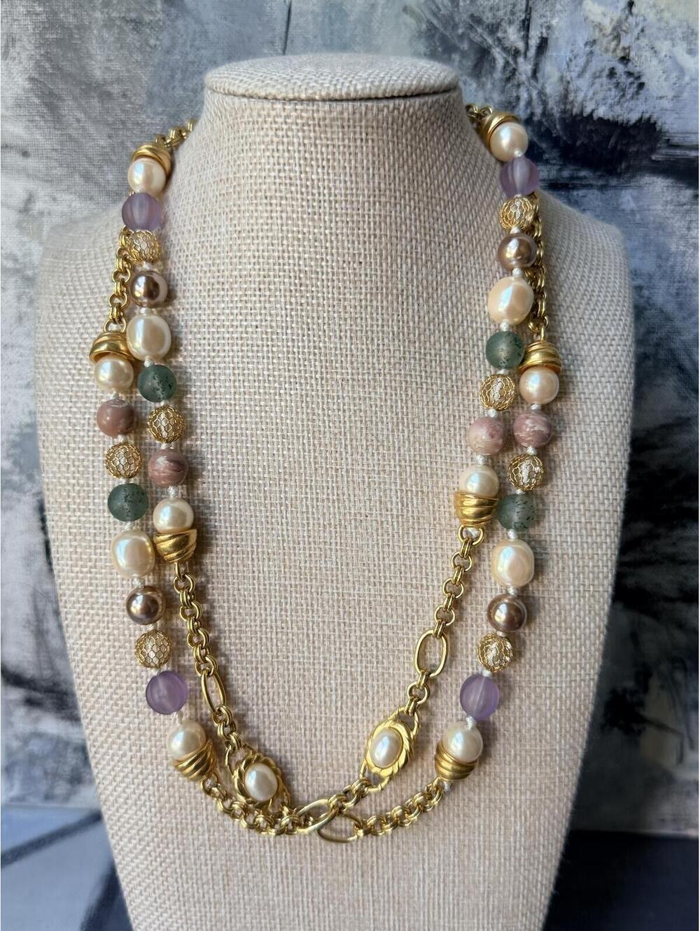 Vintage Liz Claiborne Pearl Bead Opera Necklace Multi Color